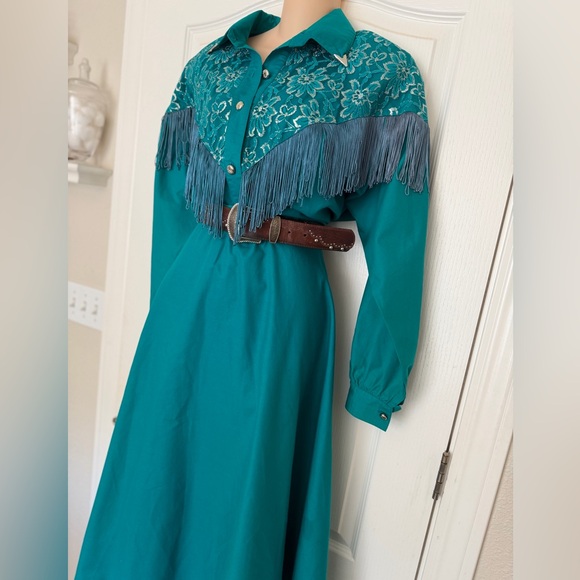 VTG 80s Lilia Guilty Smitty Smith Teal Green Fringed Western Cowgirl Maxi Dress - Picture 3 of 13